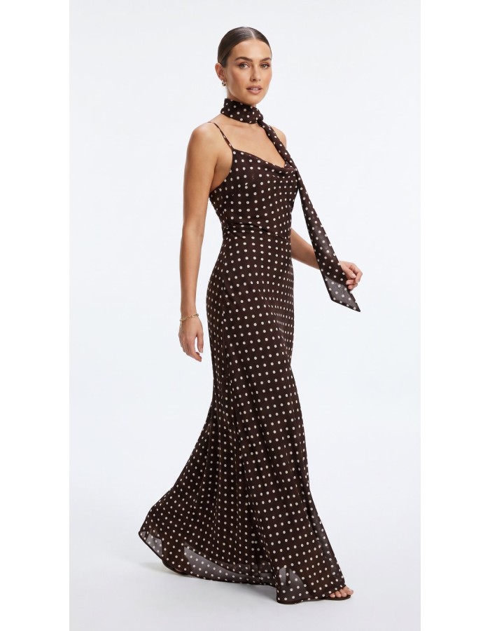 Maxi γραμμή • Satin feel ύφασμα • Polka dot print • Ραντάκι εφαρμογή • Extra scarf detail στον λαιμό • Elegant & ultra feminine fit ????