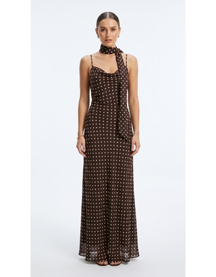 Maxi γραμμή • Satin feel ύφασμα • Polka dot print • Ραντάκι εφαρμογή • Extra scarf detail στον λαιμό • Elegant & ultra feminine fit ????
